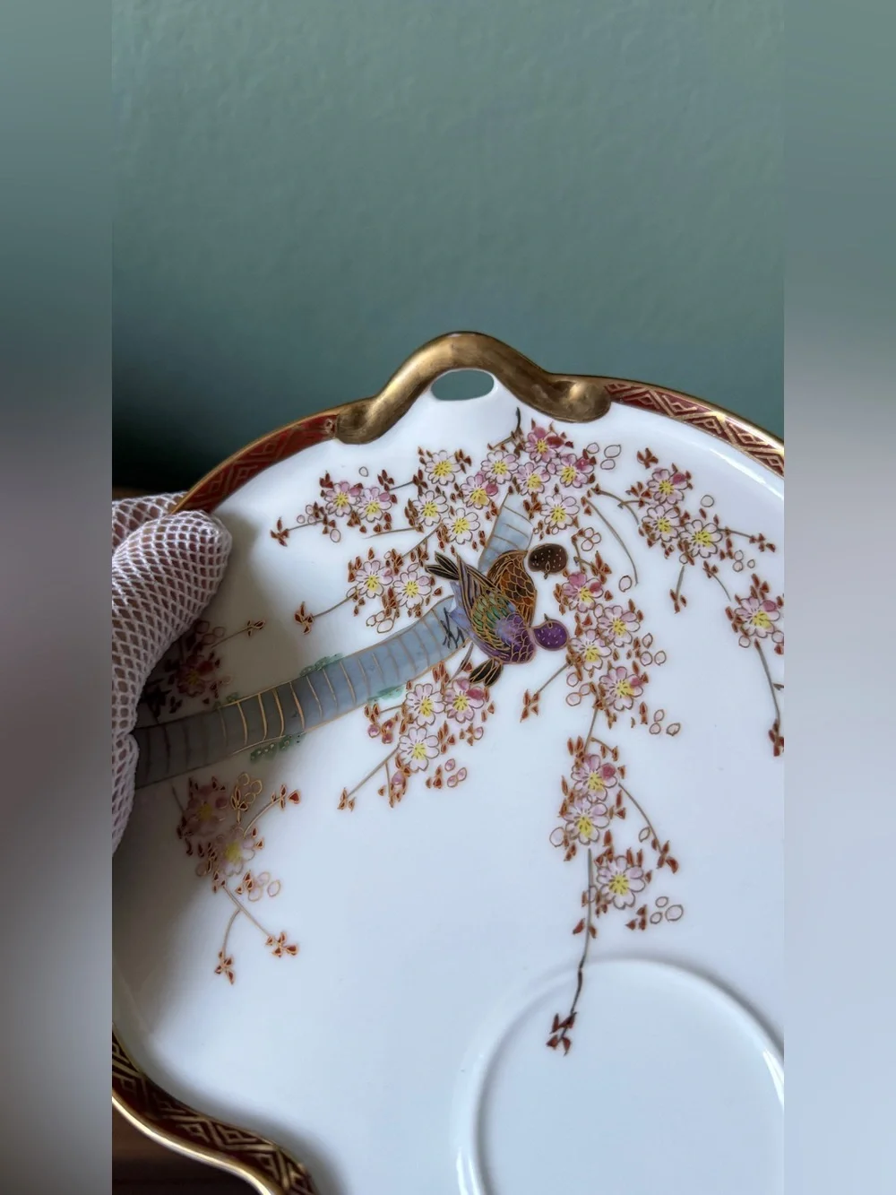 Vintage Koshida Japan Hand Painted Geisha Lithophane Snack Set w/ Nasco Spoons